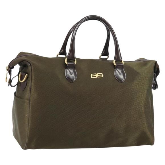 BALENCIAGA Boston Bag Nylon Leather 2way Khaki Gold Auth bs31750